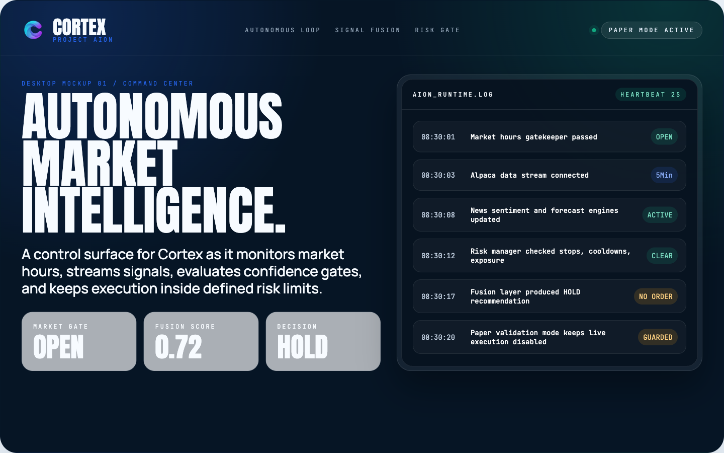 Cortex autonomous command center desktop mockup