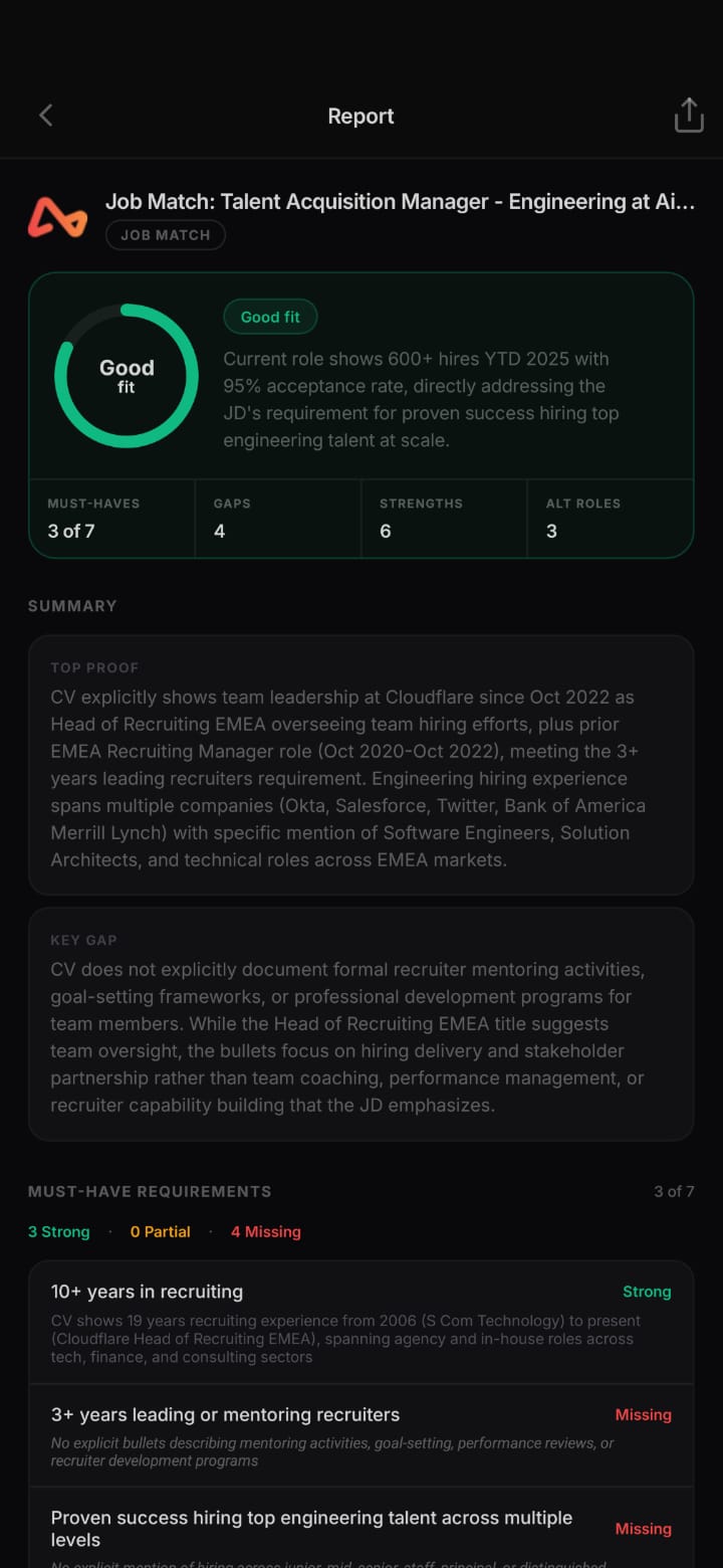 Execue mobile app job match report