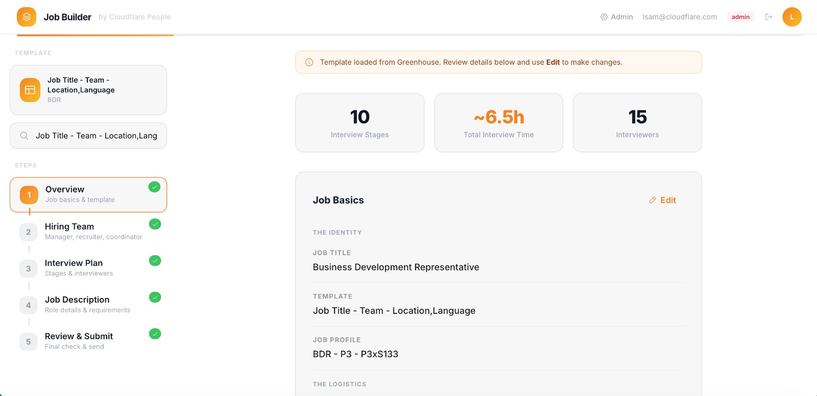 Job Builder overview showing job basics and interview stages