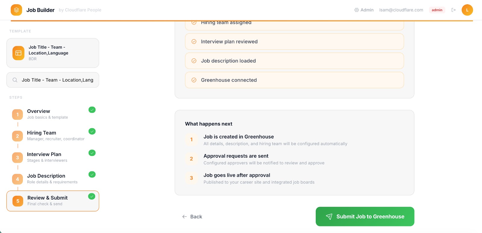 Job Builder review and submit screen