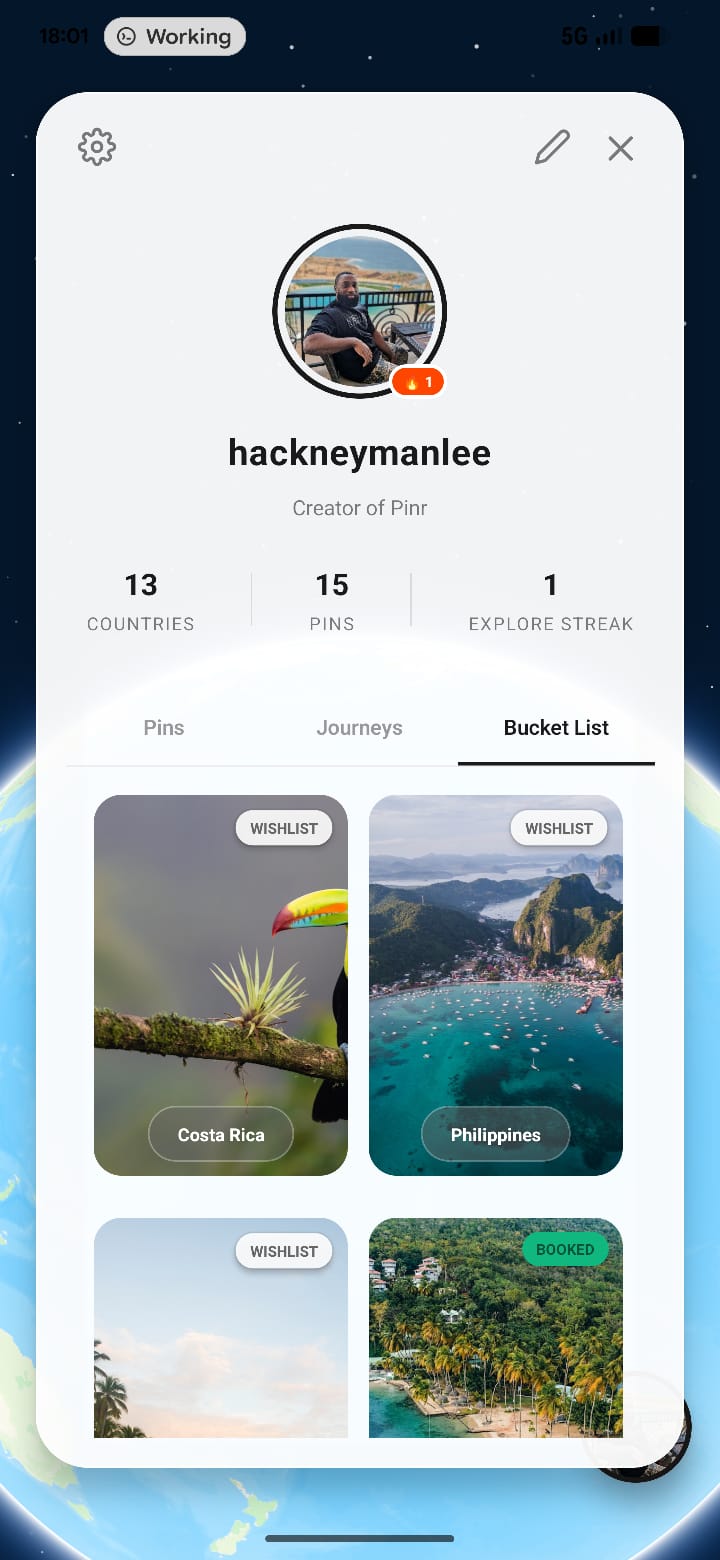 Pinr mobile app profile and bucket list screen