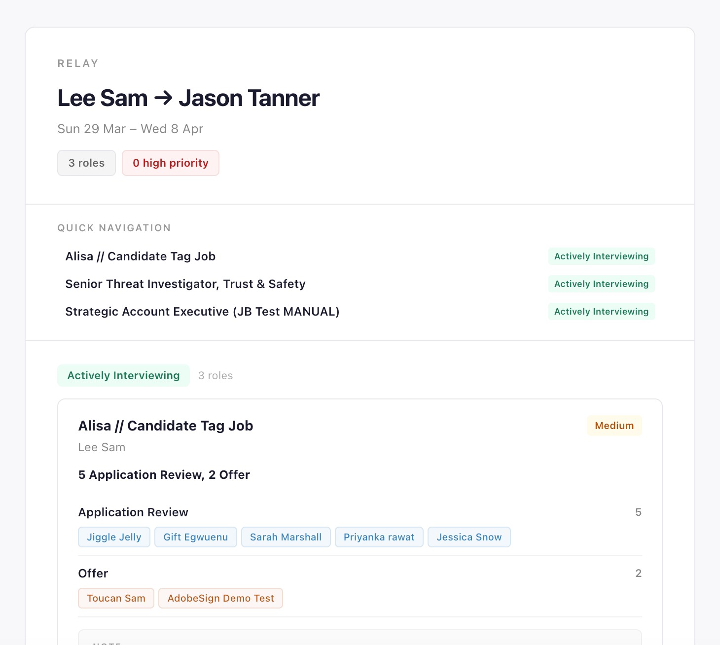 Relay handover document with role status and candidate details