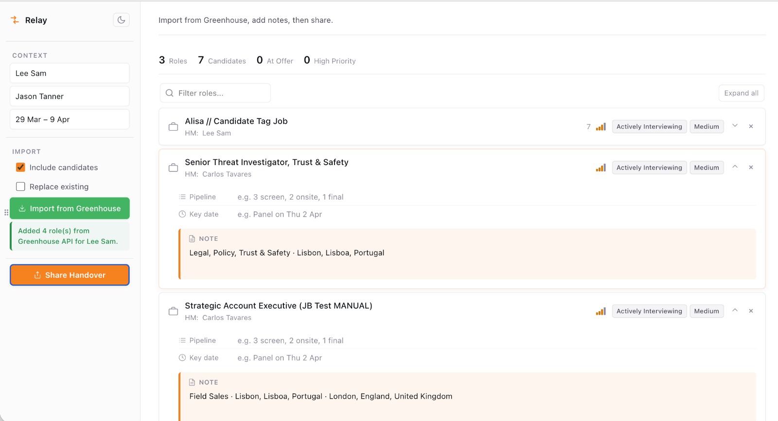 Relay import view showing roles pulled from Greenhouse